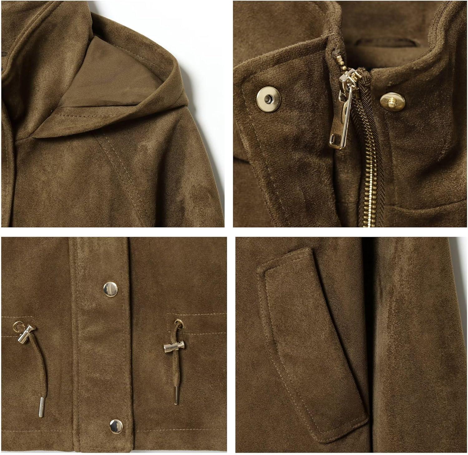 imageXunger Womens Vintage Faux Suede Hooded Jacket Oversized Drawstring Waist Coat Stand Collar Casual Outerwear with PocketsBrown