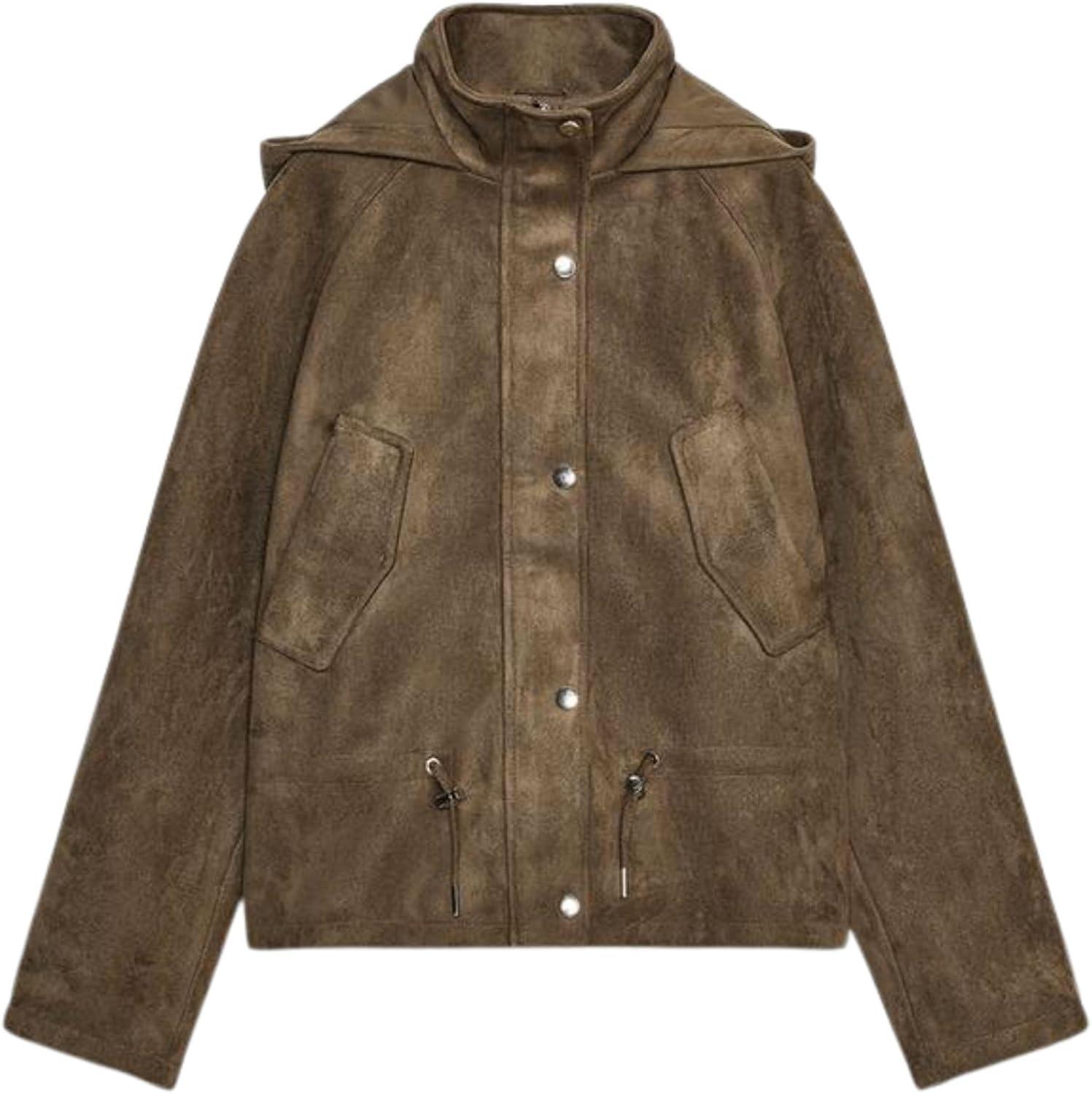 imageXunger Womens Vintage Faux Suede Hooded Jacket Oversized Drawstring Waist Coat Stand Collar Casual Outerwear with PocketsBrown
