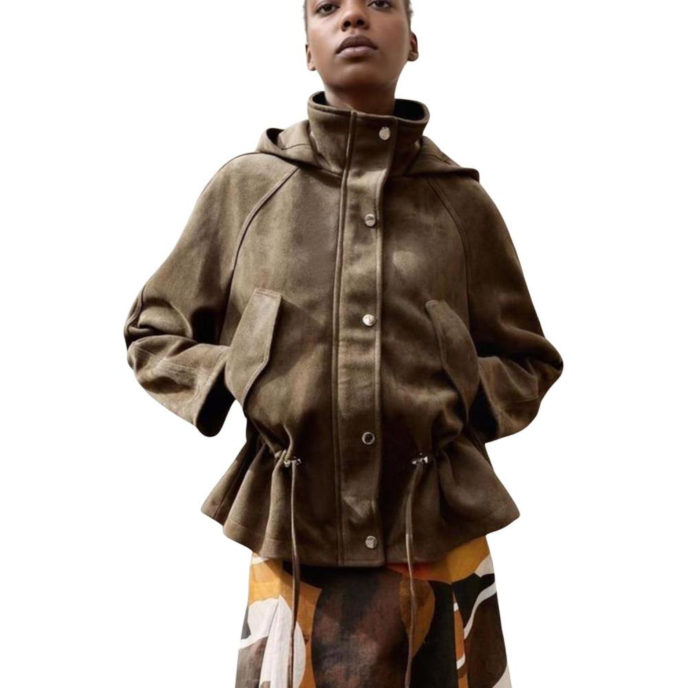 imageXunger Womens Vintage Faux Suede Hooded Jacket Oversized Drawstring Waist Coat Stand Collar Casual Outerwear with PocketsBrown