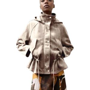 Xunger Women’s Vintage Faux Suede Hooded Jacket Oversized Drawstring Waist Coat Stand Collar Casual Outerwear with Pockets(Beige)