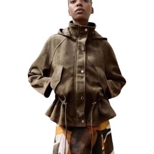 Xunger Women’s Vintage Faux Suede Hooded Jacket Oversized Drawstring Waist Coat Stand Collar Casual Outerwear with Pockets(Brown)