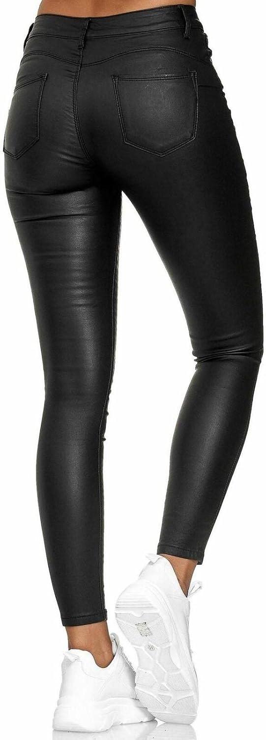 imageFZYLQY Faux Leather Leggings for Women High Waisted Pleather Pants PU Skinny Pants 2024 Ladies Stretchy Tights with Pockets1black
