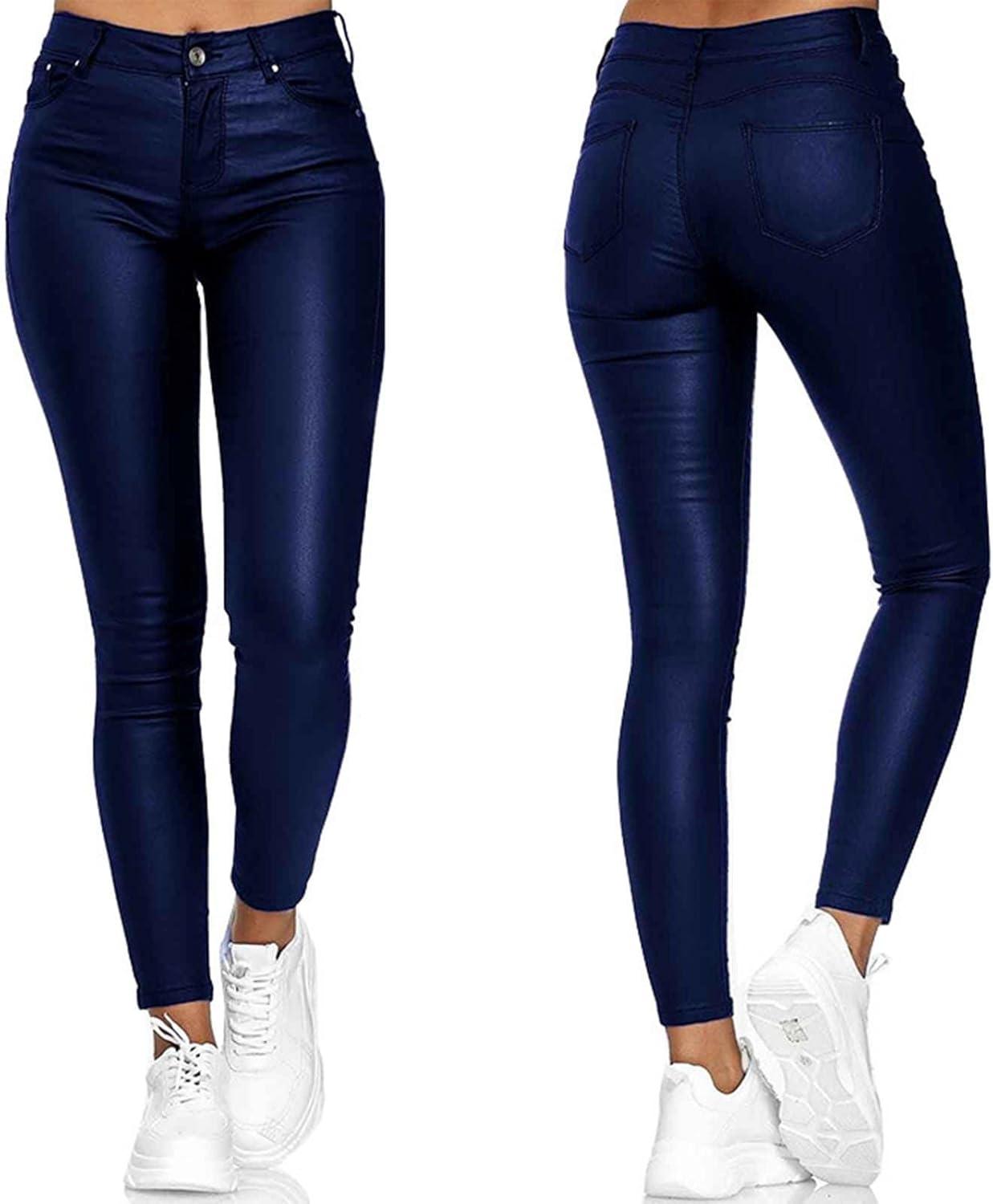 imageFZYLQY Faux Leather Leggings for Women High Waisted Pleather Pants PU Skinny Pants 2024 Ladies Stretchy Tights with Pockets1blue