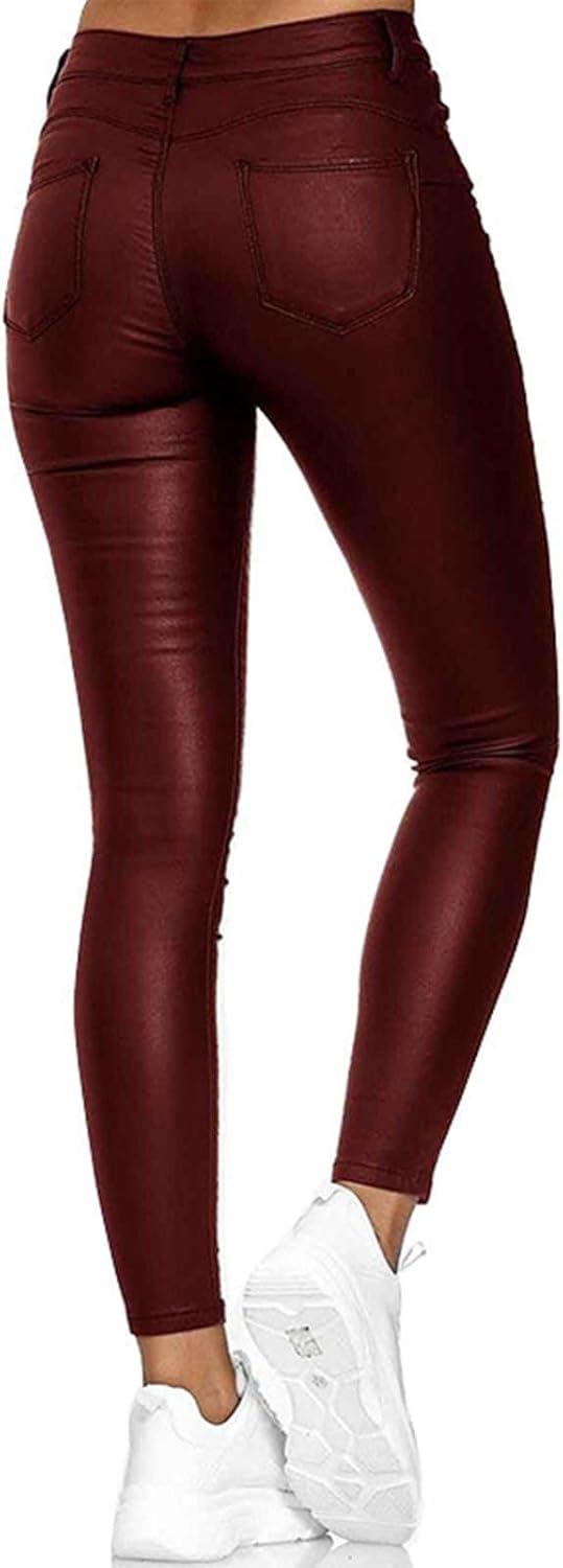 imageFZYLQY Faux Leather Leggings for Women High Waisted Pleather Pants PU Skinny Pants 2024 Ladies Stretchy Tights with Pockets1wine
