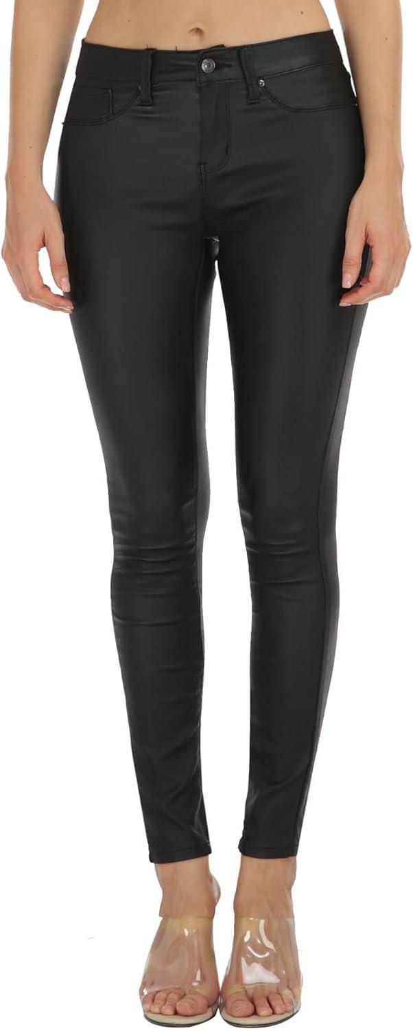 imageWAYRUNZ Womens Hyper Ultra Stretch Comfy Pants Colored MidRise Skinny Jean Juniors Jegging053leather Black