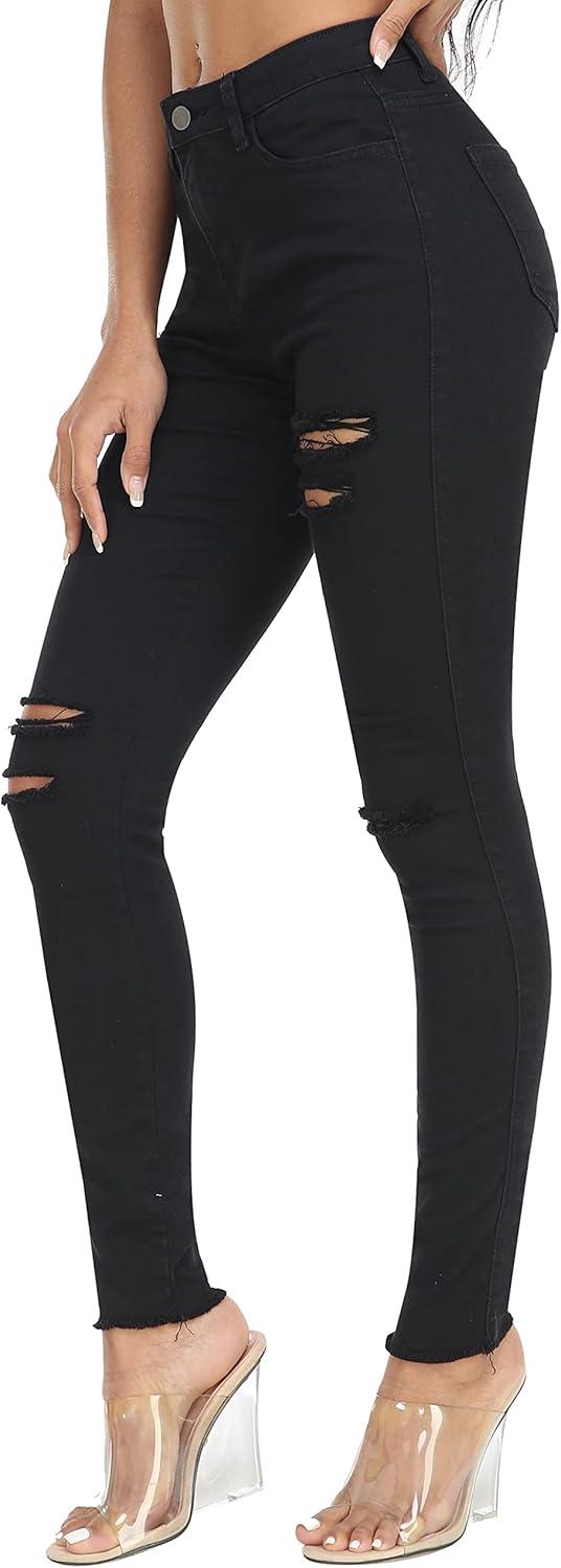 imageWAYRUNZ Womens Hyper Ultra Stretch Comfy Pants Colored MidRise Skinny Jean Juniors Jegging061ripped Black