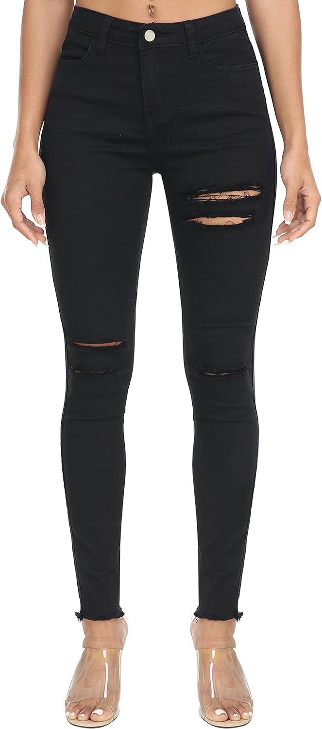 imageWAYRUNZ Womens Hyper Ultra Stretch Comfy Pants Colored MidRise Skinny Jean Juniors Jegging061ripped Black