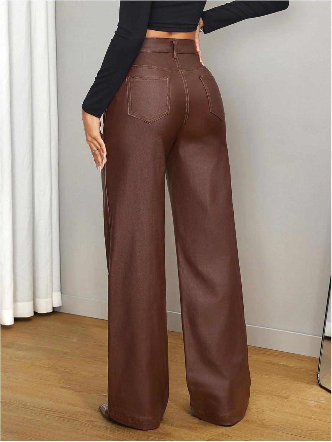 imageWDIRARA Womens High Waisted PU Leather Pants Punk Straight Leg Trousers StreetwearMaroon