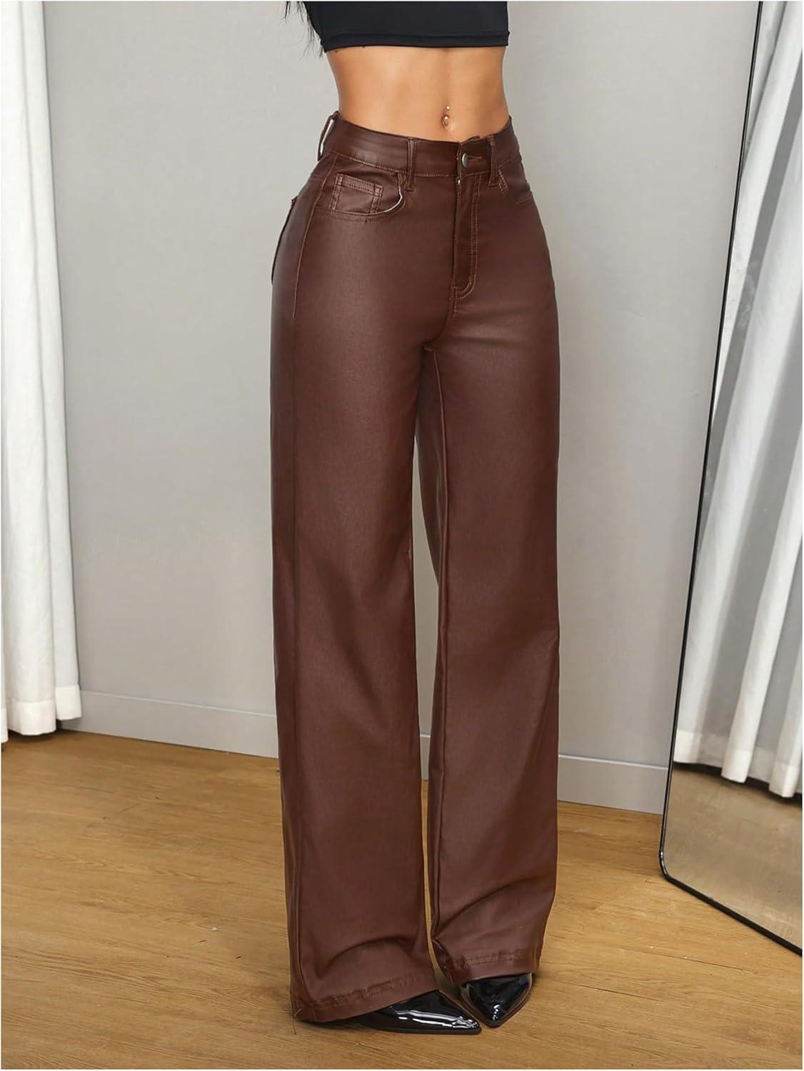 imageWDIRARA Womens High Waisted PU Leather Pants Punk Straight Leg Trousers StreetwearMaroon