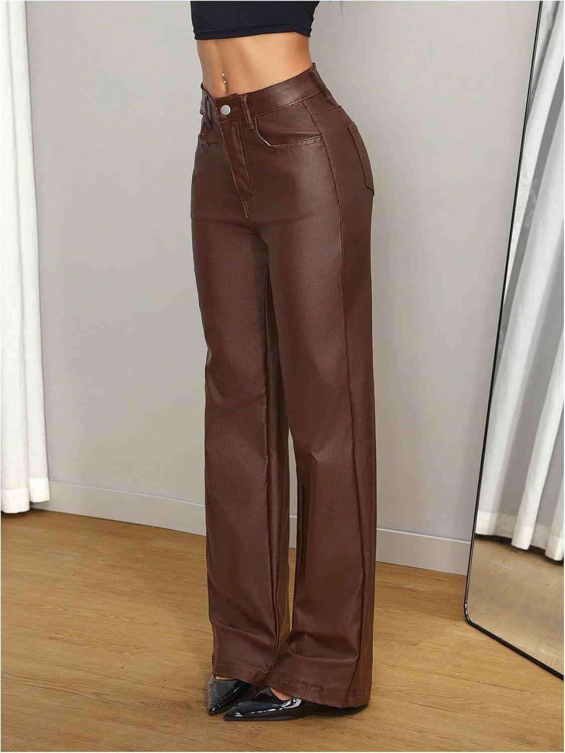 imageWDIRARA Womens High Waisted PU Leather Pants Punk Straight Leg Trousers StreetwearMaroon