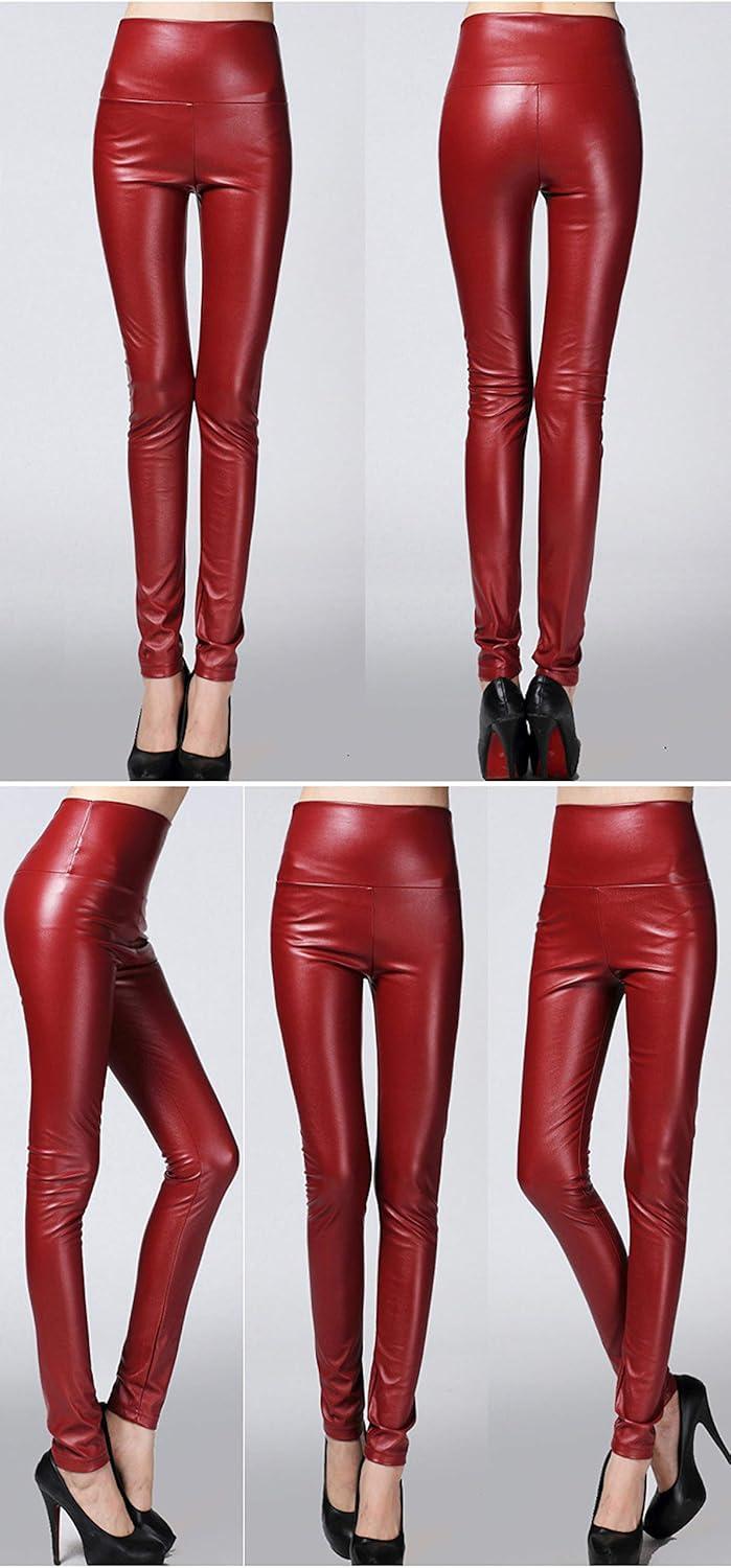 imageWomens Faux Leather Leggings Sexy Full Length Push Up High Waist PantsDark Red