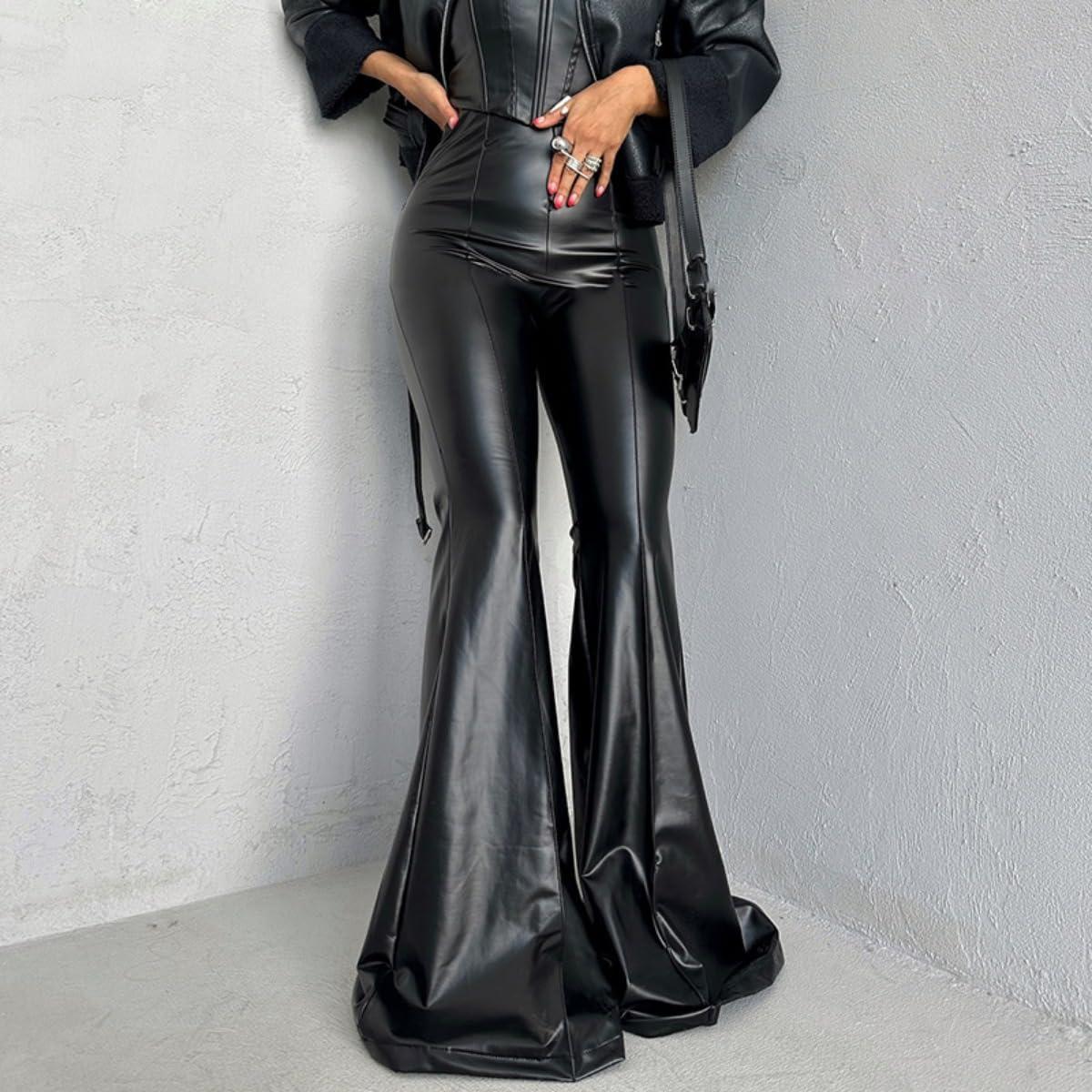 imageWomens High Waisted Faux Leather Flare Pants Bell Bottom Straight Leg Tummy Control Casual Pants Legging Sex PantsBlack