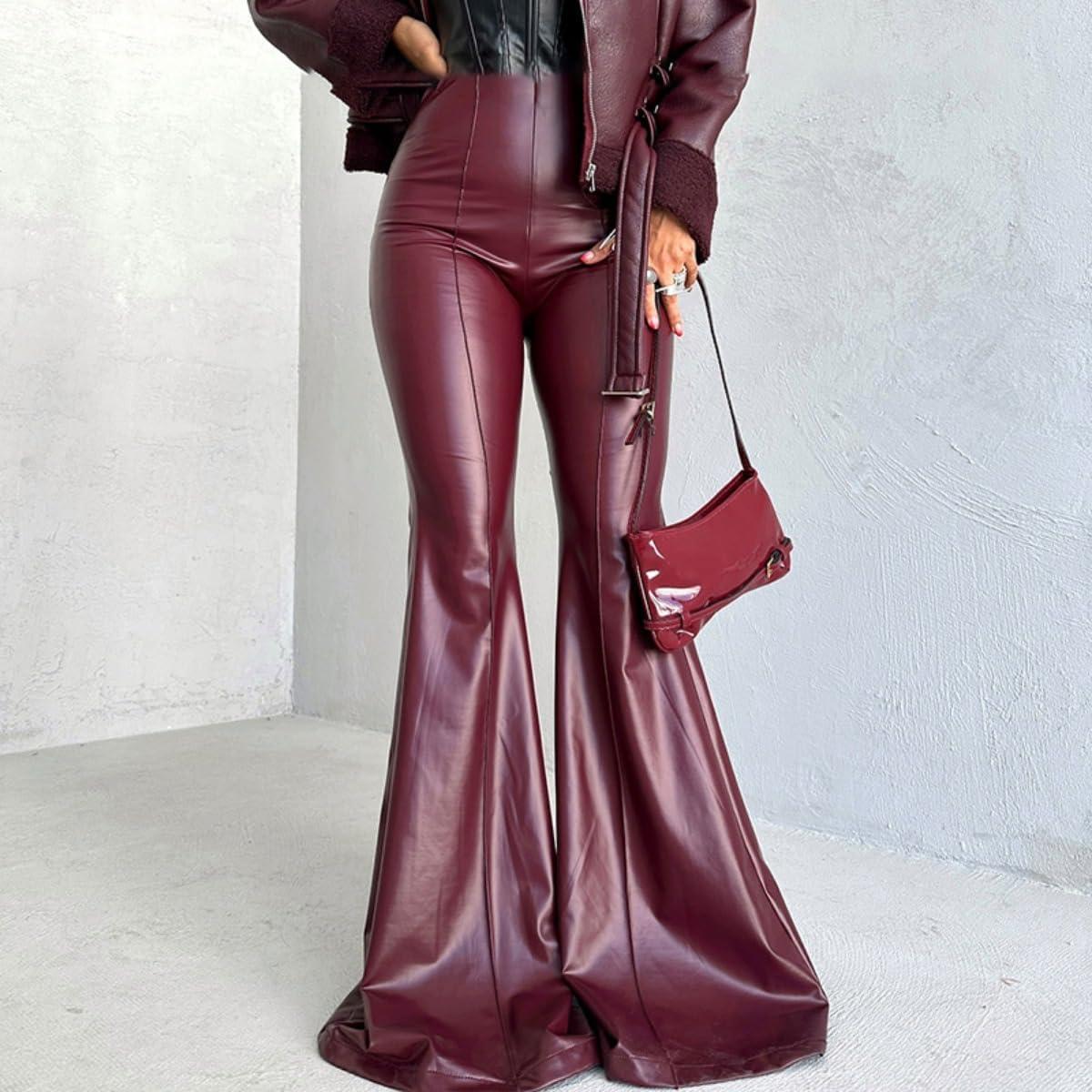 imageWomens High Waisted Faux Leather Flare Pants Bell Bottom Straight Leg Tummy Control Casual Pants Legging Sex PantsRed
