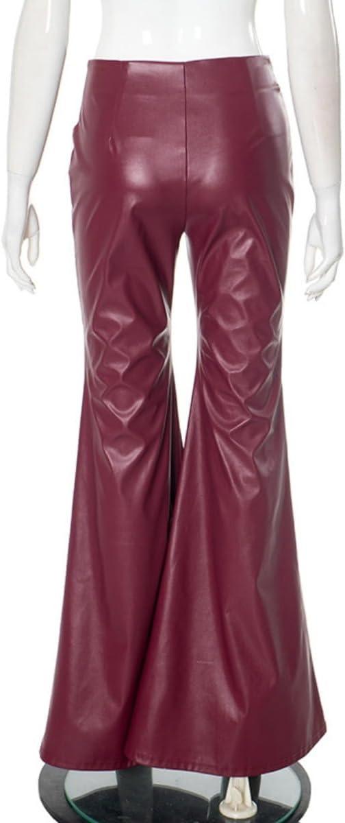 imageWomens High Waisted Faux Leather Flare Pants Bell Bottom Straight Leg Tummy Control Casual Pants Legging Sex PantsRed