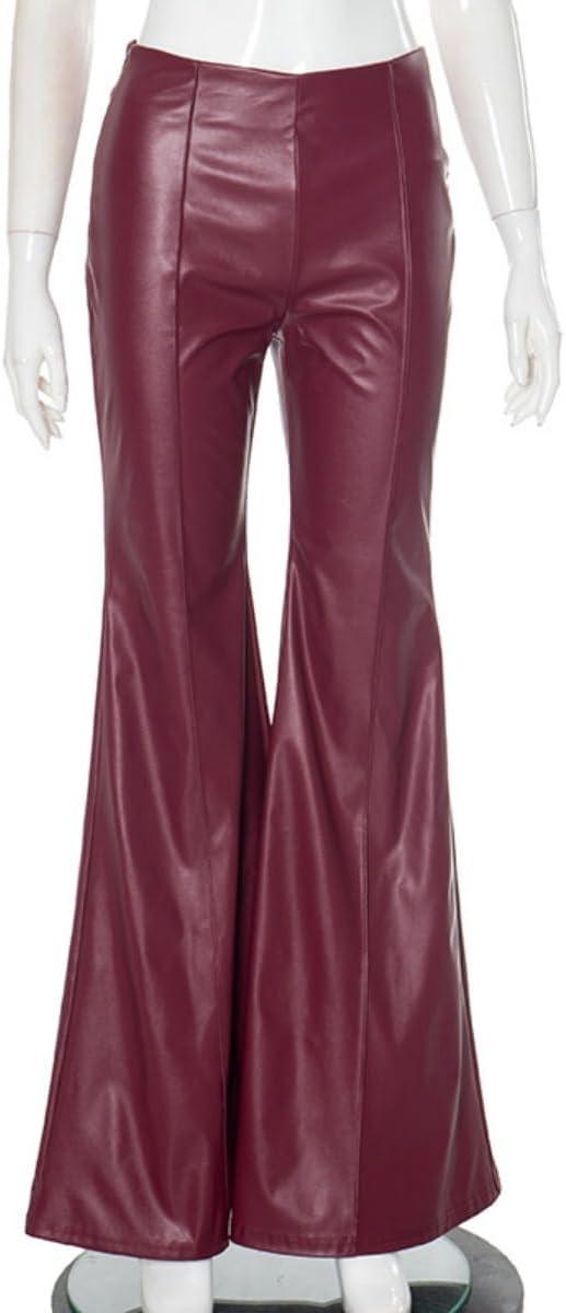 imageWomens High Waisted Faux Leather Flare Pants Bell Bottom Straight Leg Tummy Control Casual Pants Legging Sex PantsRed