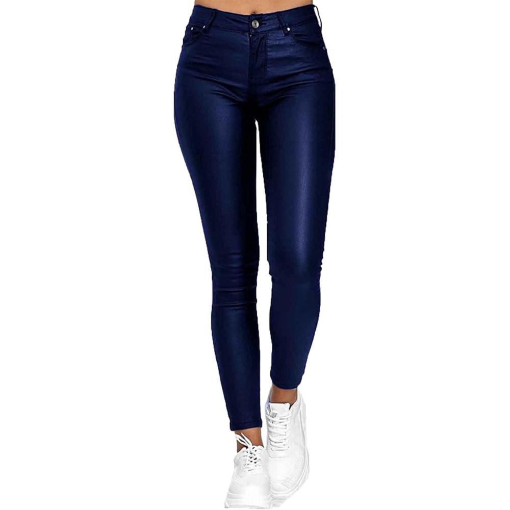 imageFZYLQY Faux Leather Leggings for Women High Waisted Pleather Pants PU Skinny Pants 2024 Ladies Stretchy Tights with Pockets1blue
