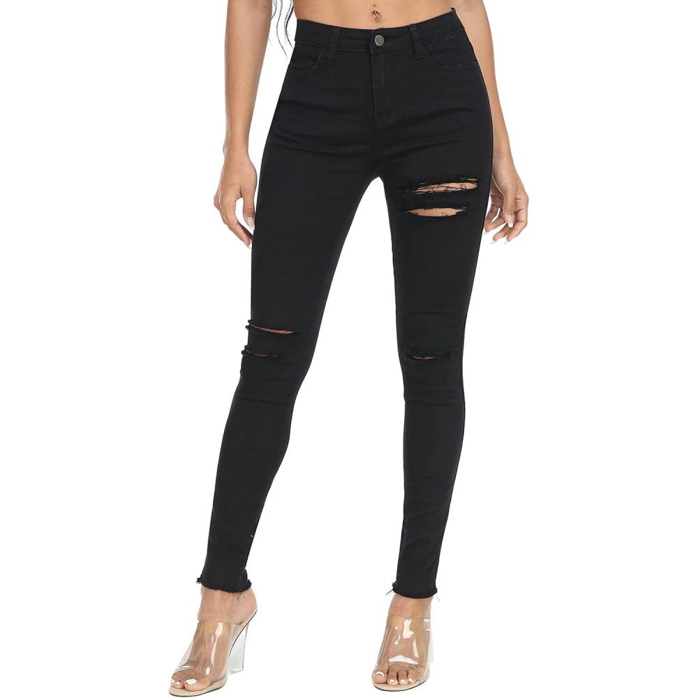 imageWAYRUNZ Womens Hyper Ultra Stretch Comfy Pants Colored MidRise Skinny Jean Juniors Jegging061ripped Black