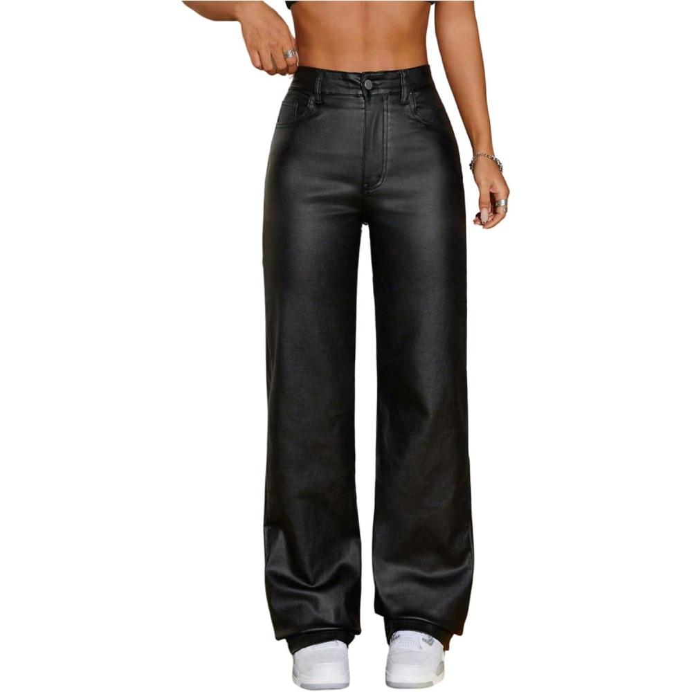 imageWDIRARA Womens High Waisted PU Leather Pants Punk Straight Leg Trousers StreetwearBlack