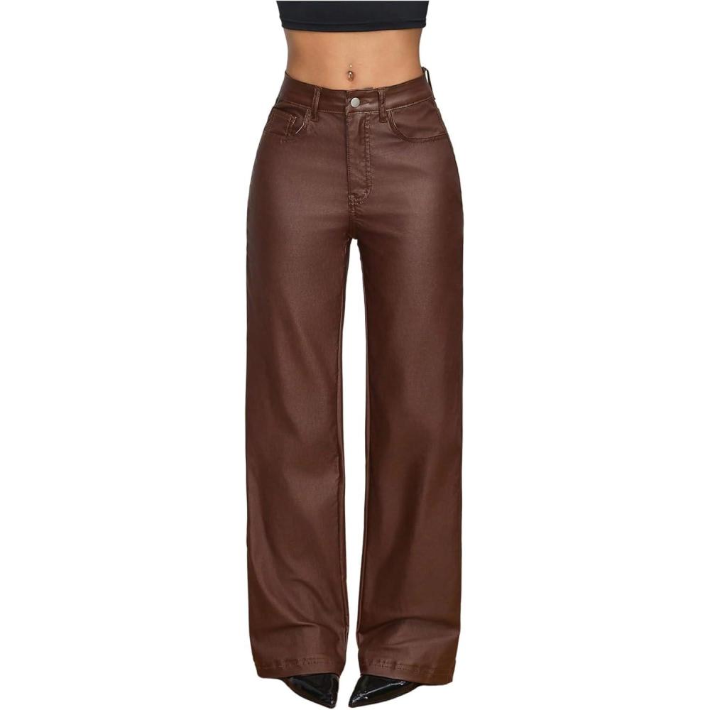 imageWDIRARA Womens High Waisted PU Leather Pants Punk Straight Leg Trousers StreetwearMaroon