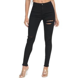 WAYRUNZ Womens Hyper Ultra Stretch Comfy Pants Colored Mid-Rise Skinny Jean Juniors Jegging(061-ripped Black)