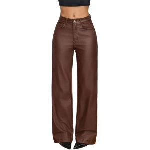 WDIRARA Women’s High Waisted PU Leather Pants Punk Straight Leg Trousers Streetwear(Maroon)