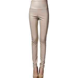 Women’s Faux Leather Leggings Sexy Full Length Push Up High Waist Pants(Beige)