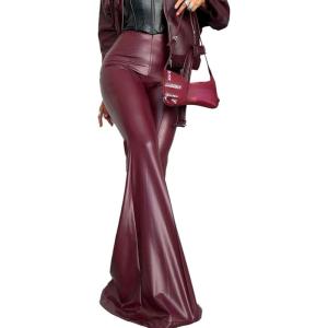 Women’s High Waisted Faux Leather Flare Pants Bell Bottom Straight Leg Tummy Control Casual Pants Legging Sex Pants(Red)
