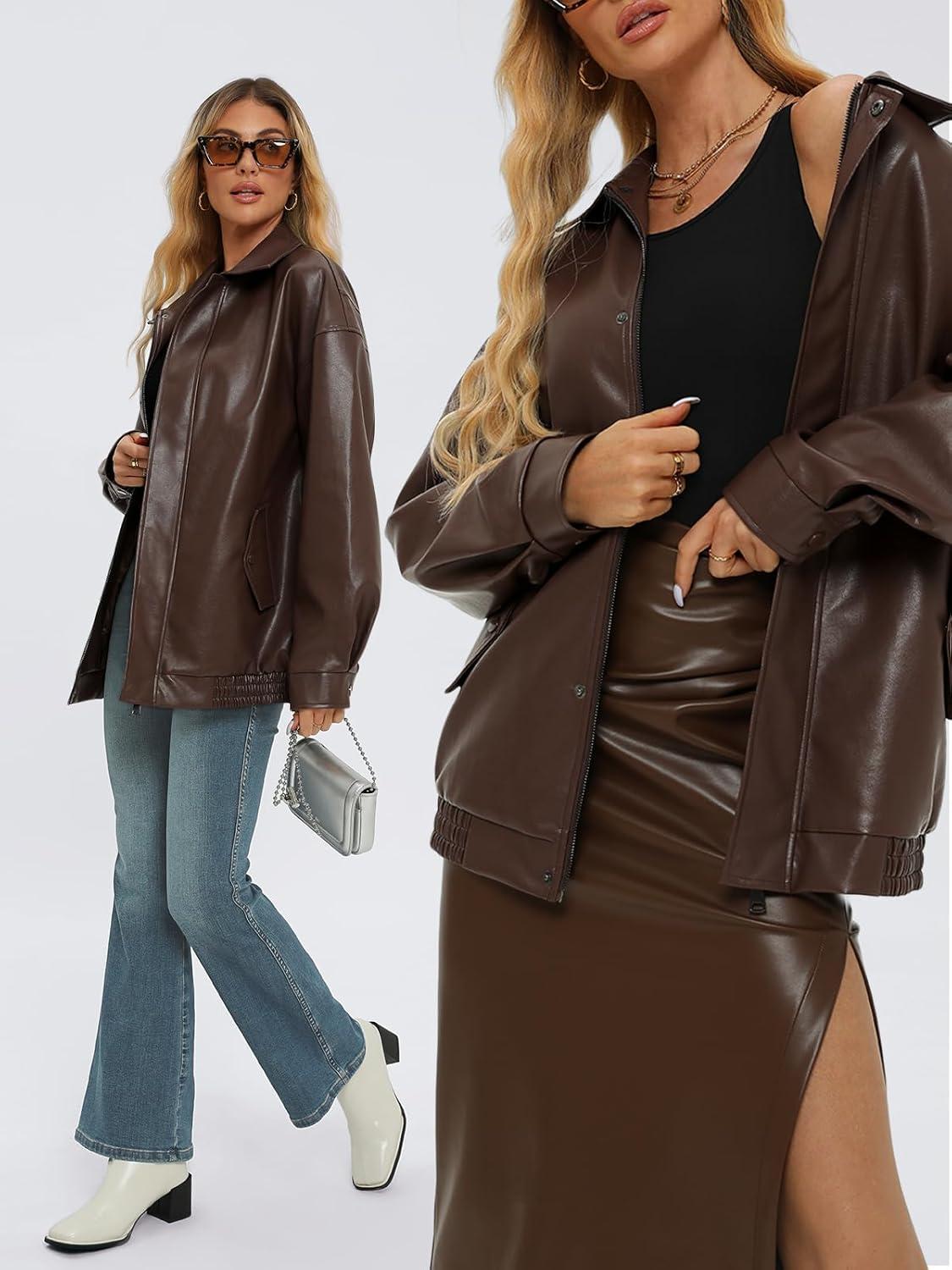 imageAUTOMET Womens Oversized Leather Jackets Faux Suede 2026 Fall Zip Up Motorcycle Coats Blazer Jackets for Women OutfitsBrown