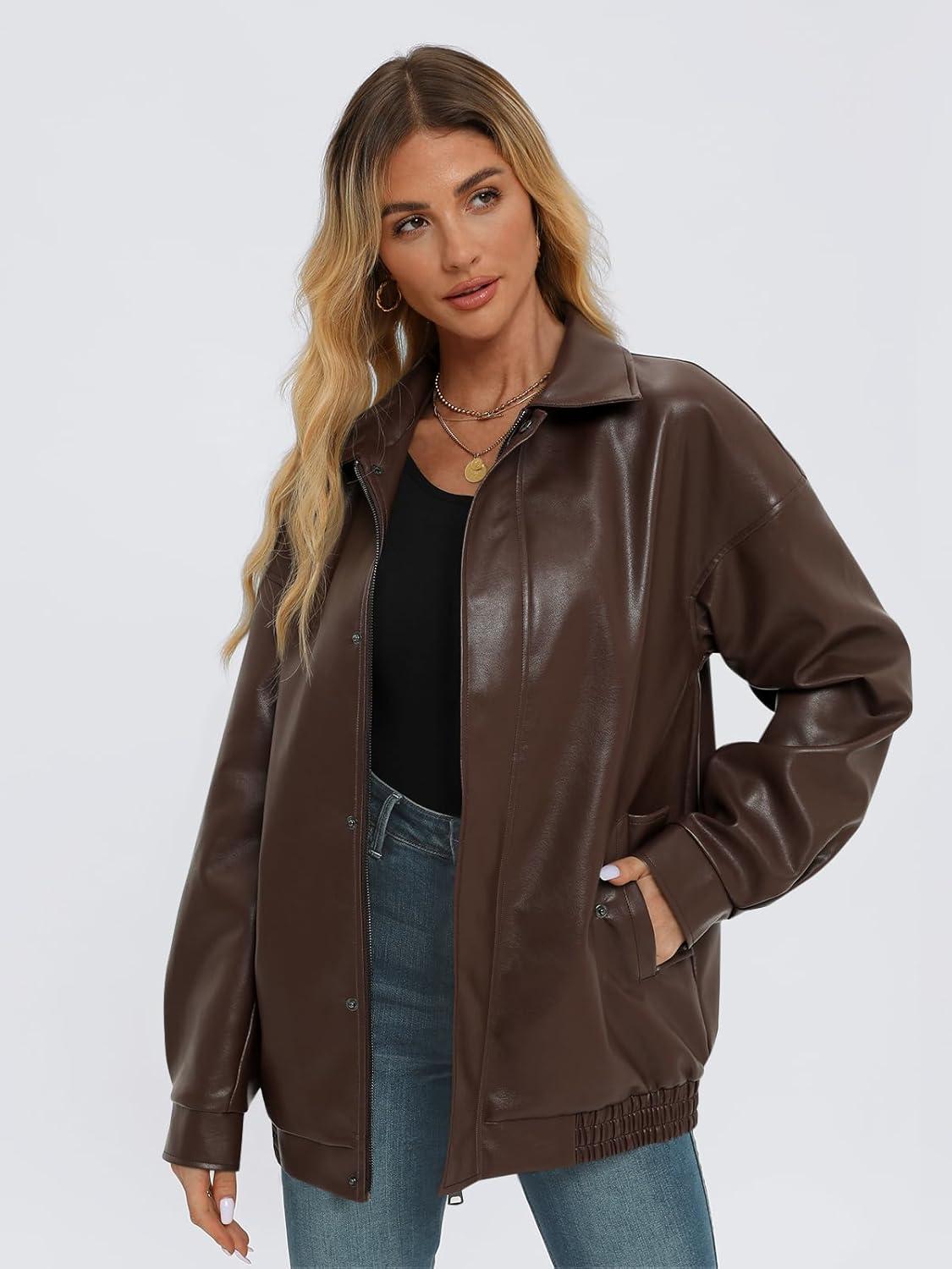 imageAUTOMET Womens Oversized Leather Jackets Faux Suede 2026 Fall Zip Up Motorcycle Coats Blazer Jackets for Women OutfitsBrown