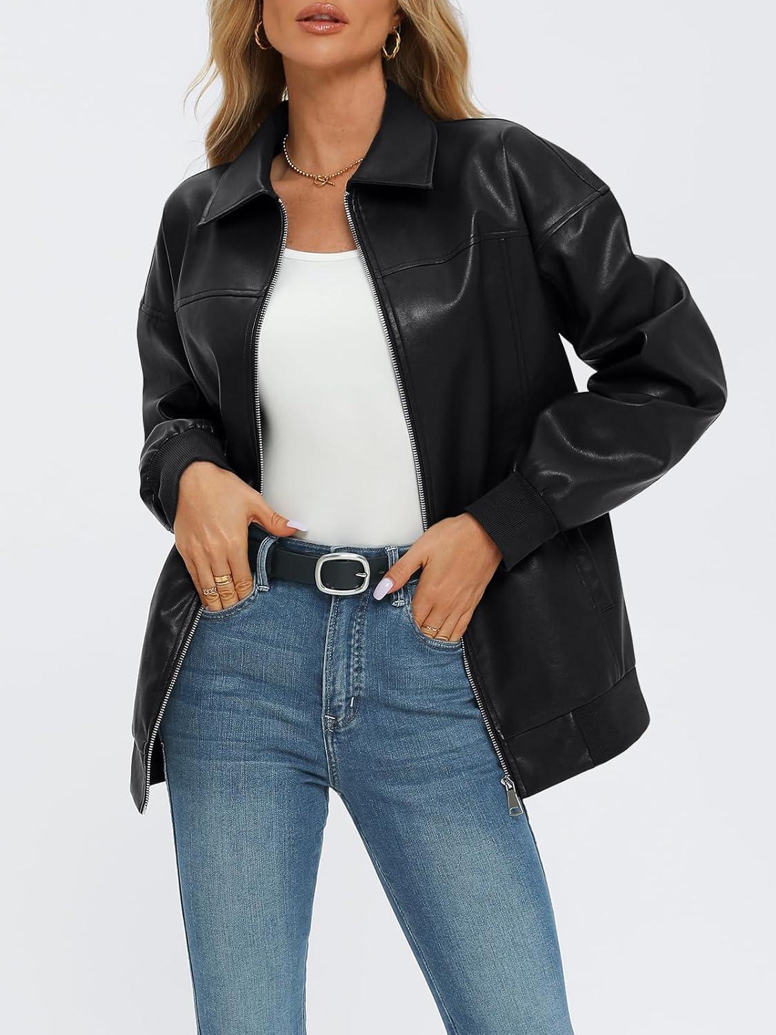 imageAUTOMET Womens Oversized Leather Jackets Zip Up Coats Faux Motorcycle Bomber Outfits Fall Trendy Fashion Winter Clothes 2026Black