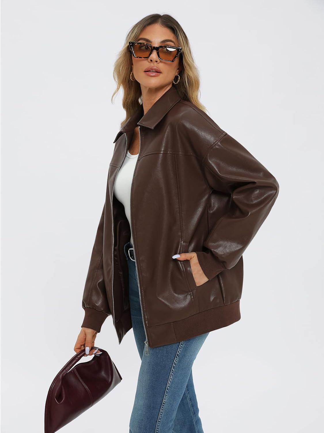 imageAUTOMET Womens Oversized Leather Jackets Zip Up Coats Faux Motorcycle Bomber Outfits Fall Trendy Fashion Winter Clothes 2026Brown