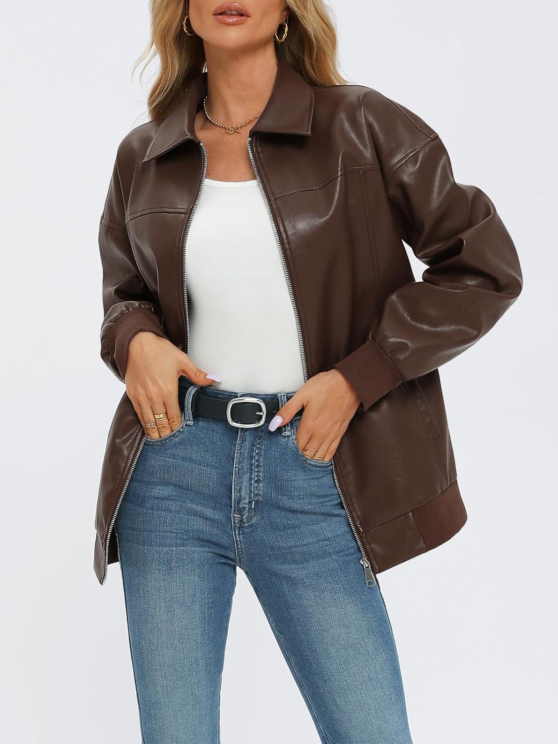 imageAUTOMET Womens Oversized Leather Jackets Zip Up Coats Faux Motorcycle Bomber Outfits Fall Trendy Fashion Winter Clothes 2026Brown