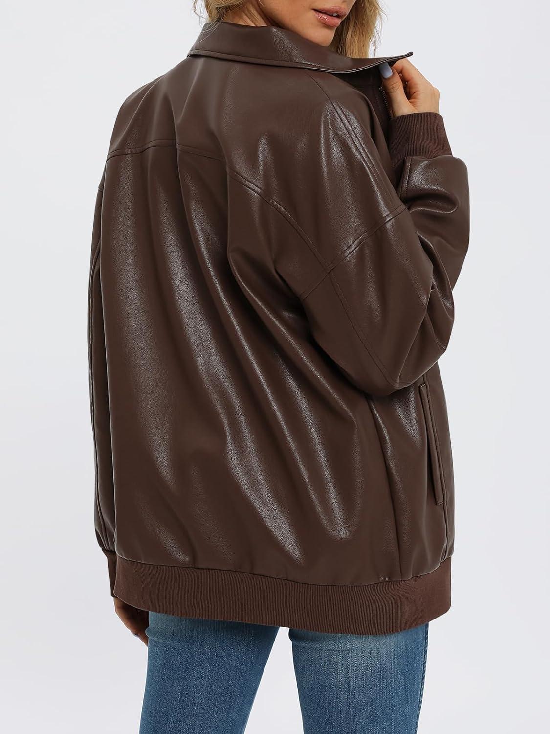 imageAUTOMET Womens Oversized Leather Jackets Zip Up Coats Faux Motorcycle Bomber Outfits Fall Trendy Fashion Winter Clothes 2026Brown