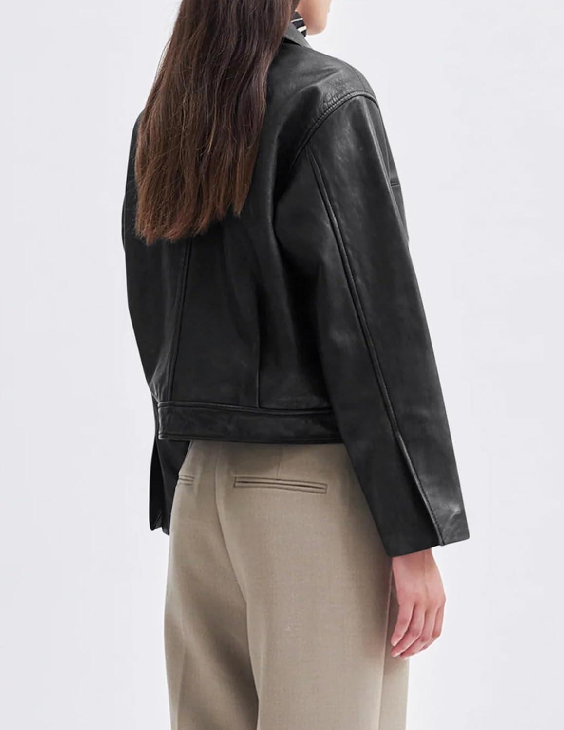 imageBZB Womens Faux Leather Motorcycle Jacket 2026 Trendy Pockets Bomber Zip Up Cropped Jackets Coat OuterwearBlack