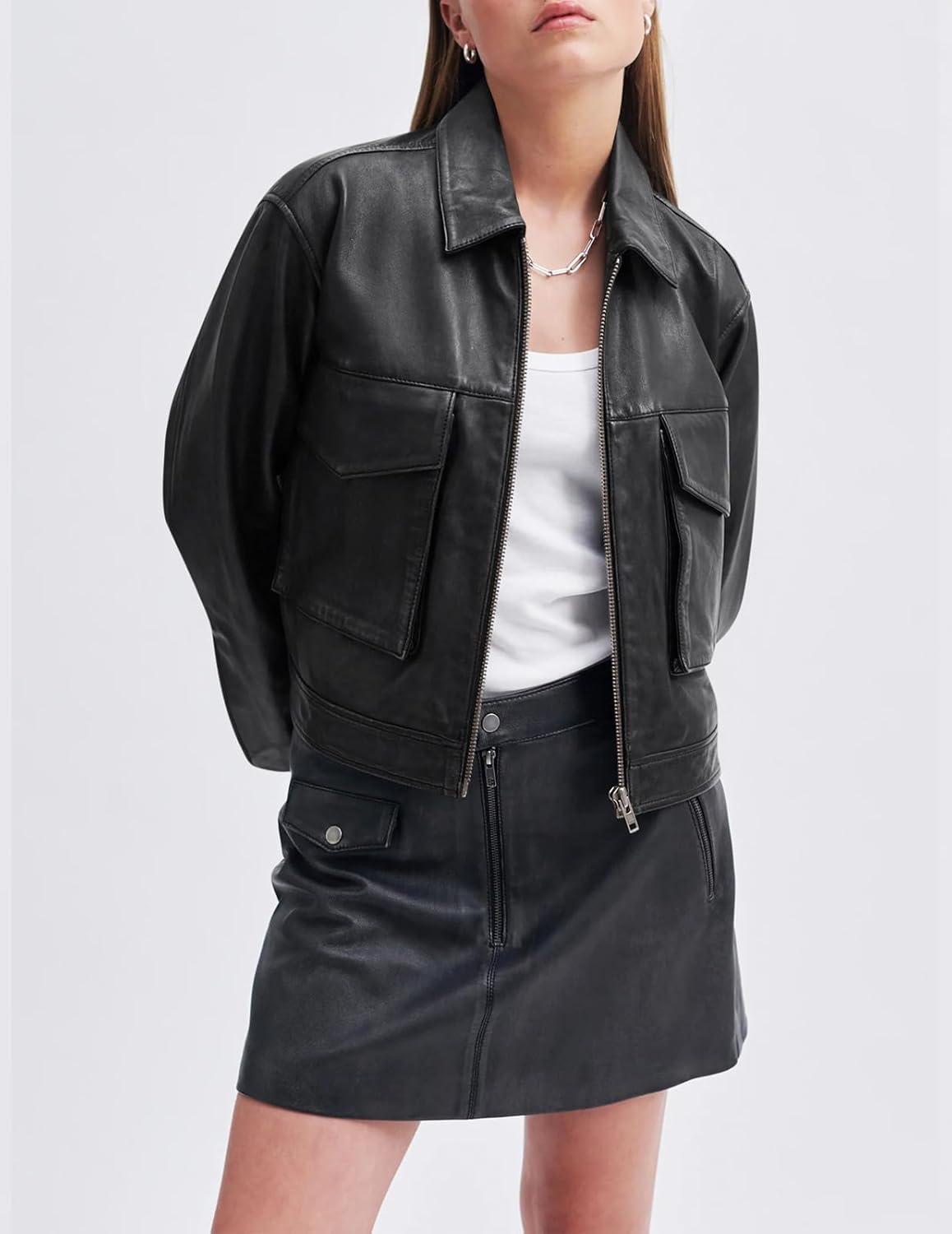 imageBZB Womens Faux Leather Motorcycle Jacket 2026 Trendy Pockets Bomber Zip Up Cropped Jackets Coat OuterwearBlack