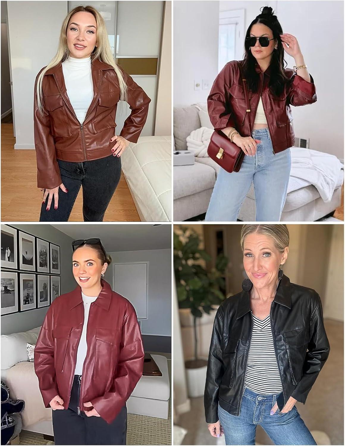 imageBZB Womens Faux Leather Motorcycle Jacket 2026 Trendy Pockets Bomber Zip Up Cropped Jackets Coat OuterwearBlack
