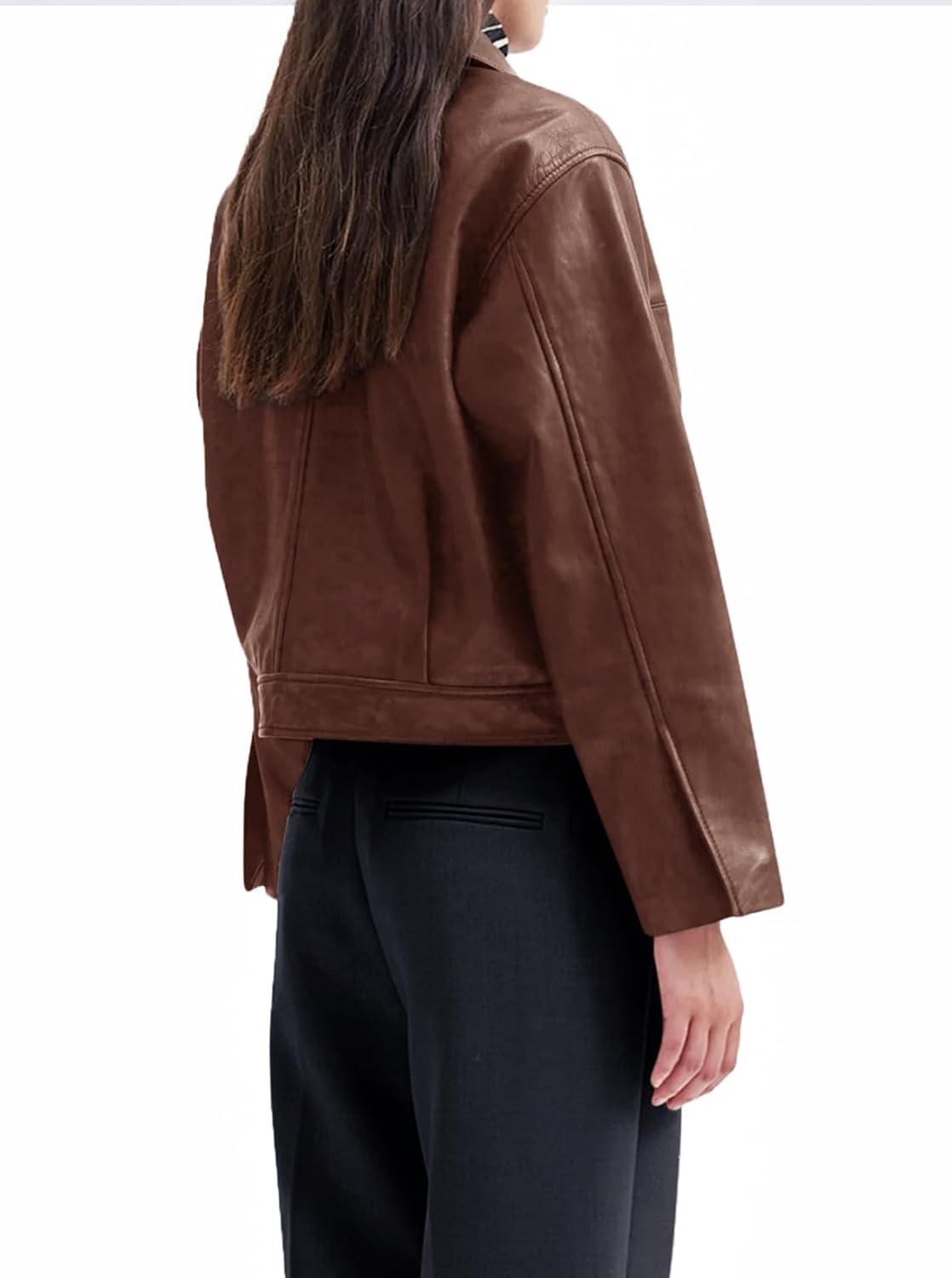 imageBZB Womens Faux Leather Motorcycle Jacket 2026 Trendy Pockets Bomber Zip Up Cropped Jackets Coat OuterwearBrown