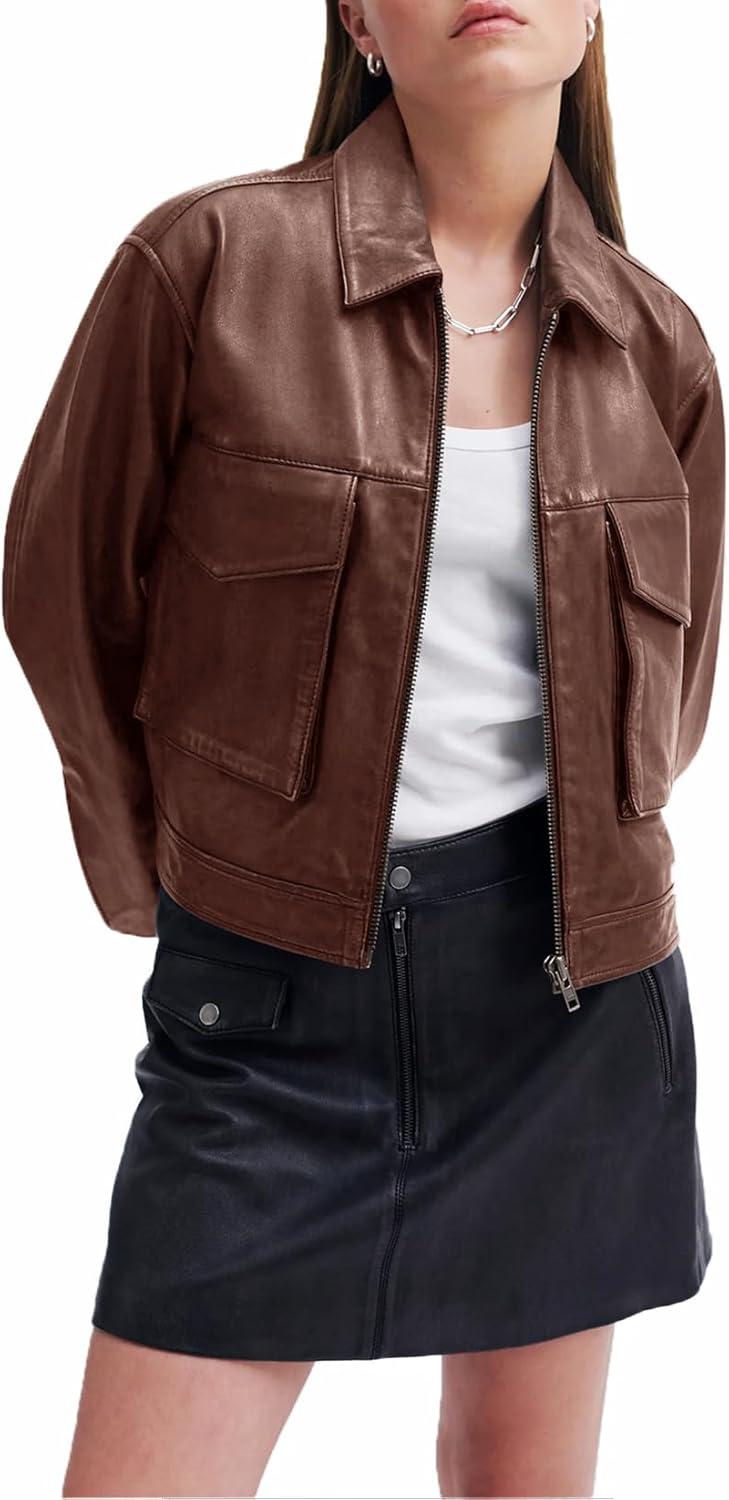 imageBZB Womens Faux Leather Motorcycle Jacket 2026 Trendy Pockets Bomber Zip Up Cropped Jackets Coat OuterwearBrown