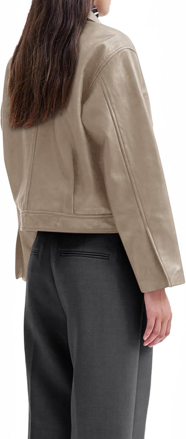 imageBZB Womens Faux Leather Motorcycle Jacket 2026 Trendy Pockets Bomber Zip Up Cropped Jackets Coat OuterwearKhaki