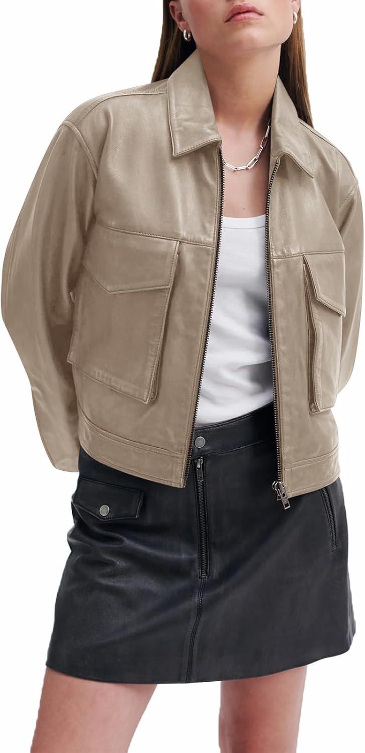 imageBZB Womens Faux Leather Motorcycle Jacket 2026 Trendy Pockets Bomber Zip Up Cropped Jackets Coat OuterwearKhaki