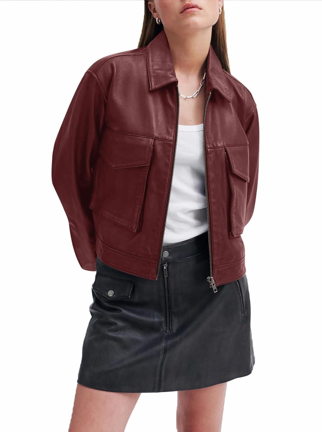 imageBZB Womens Faux Leather Motorcycle Jacket 2026 Trendy Pockets Bomber Zip Up Cropped Jackets Coat OuterwearWine Red