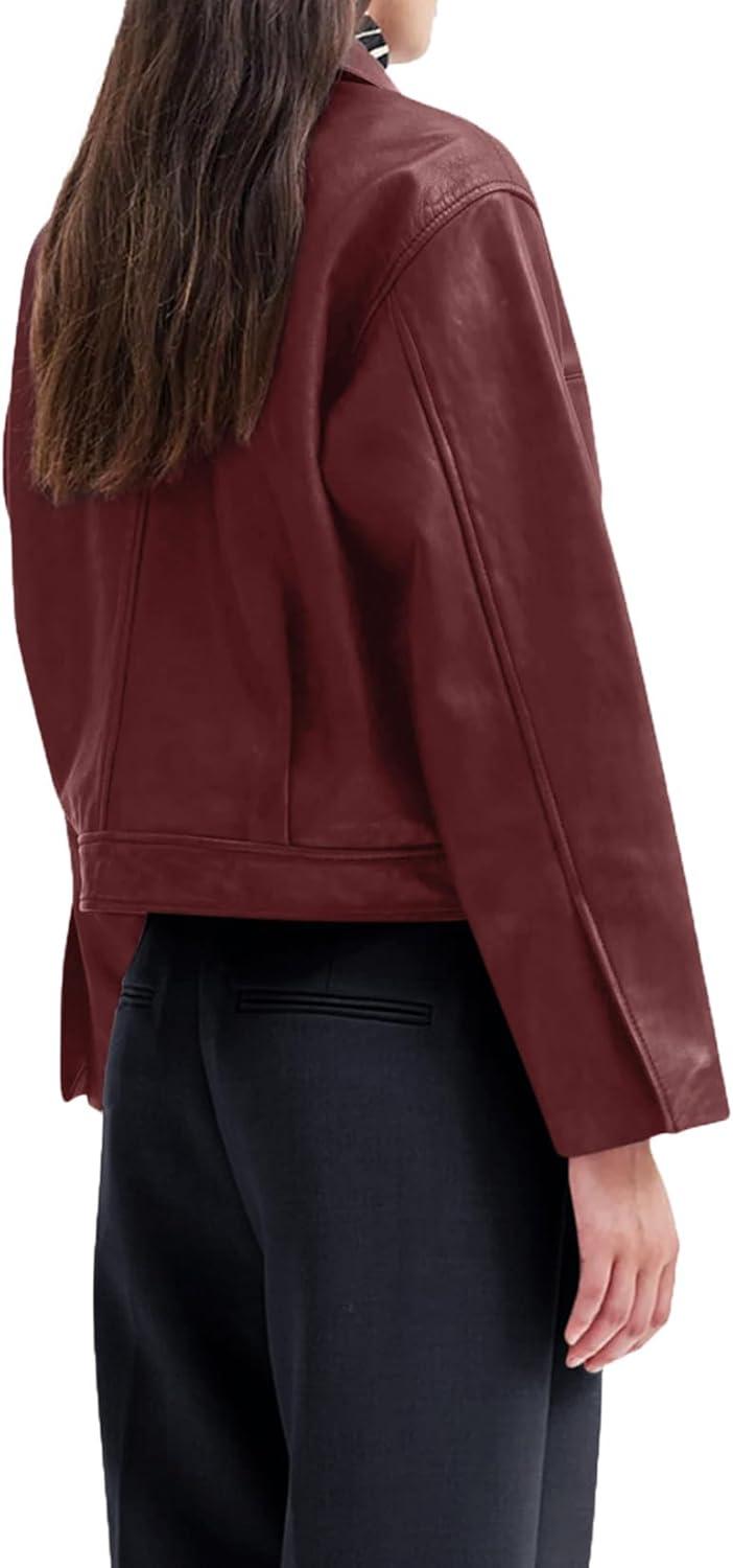 imageBZB Womens Faux Leather Motorcycle Jacket 2026 Trendy Pockets Bomber Zip Up Cropped Jackets Coat OuterwearWine Red
