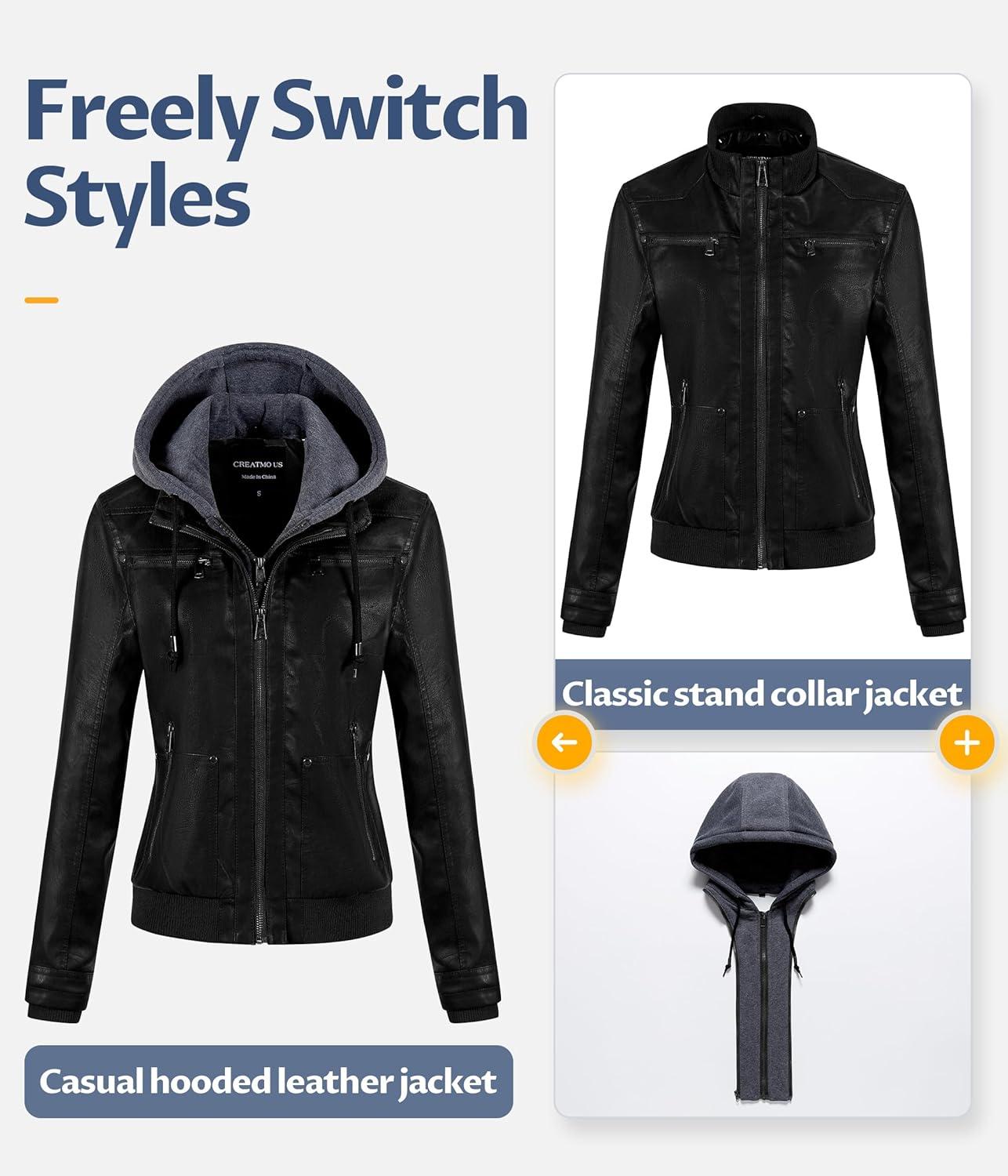 imageCREATMO US Womens Faux Leather Jacket Waterproof Motorcycle Bomber Jacket Vintage PU Moto Biker Coat With Removable HoodBlack