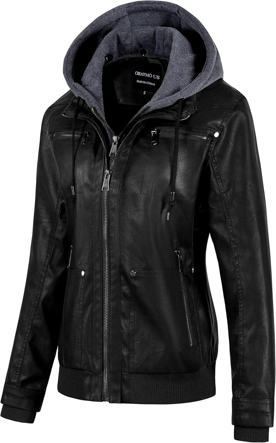 imageCREATMO US Womens Faux Leather Jacket Waterproof Motorcycle Bomber Jacket Vintage PU Moto Biker Coat With Removable HoodBlack