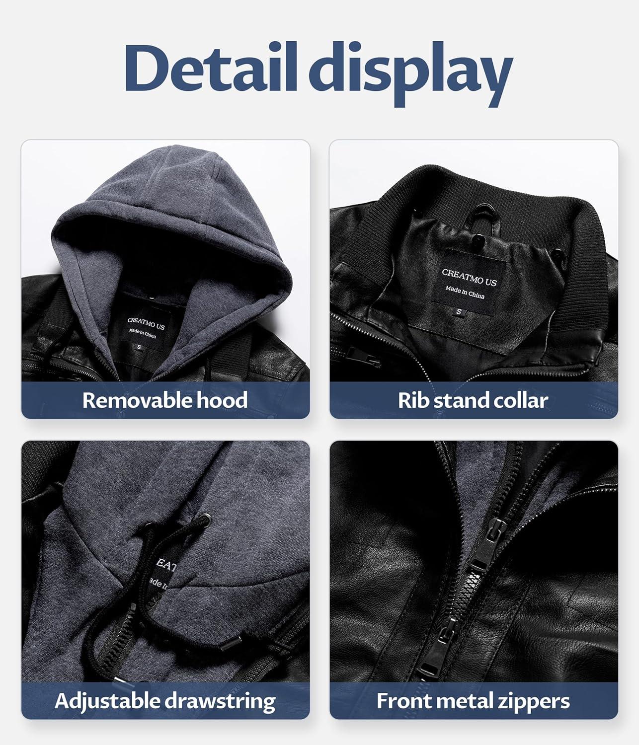 imageCREATMO US Womens Faux Leather Jacket Waterproof Motorcycle Bomber Jacket Vintage PU Moto Biker Coat With Removable HoodBlack
