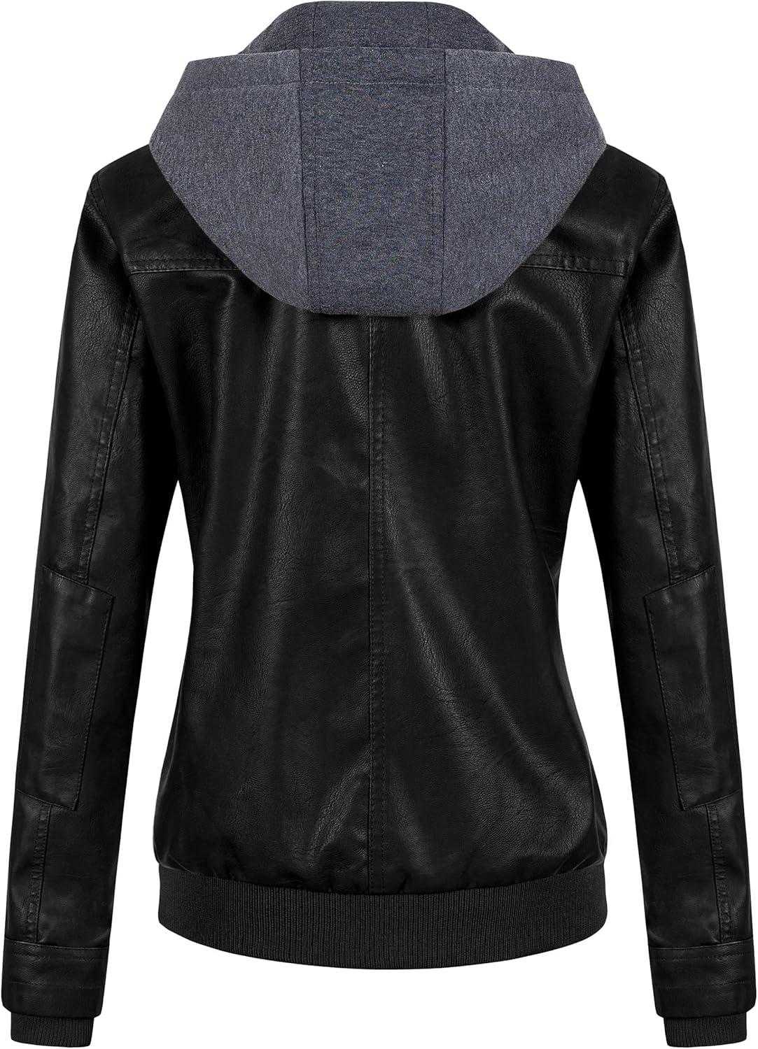 imageCREATMO US Womens Faux Leather Jacket Waterproof Motorcycle Bomber Jacket Vintage PU Moto Biker Coat With Removable HoodBlack