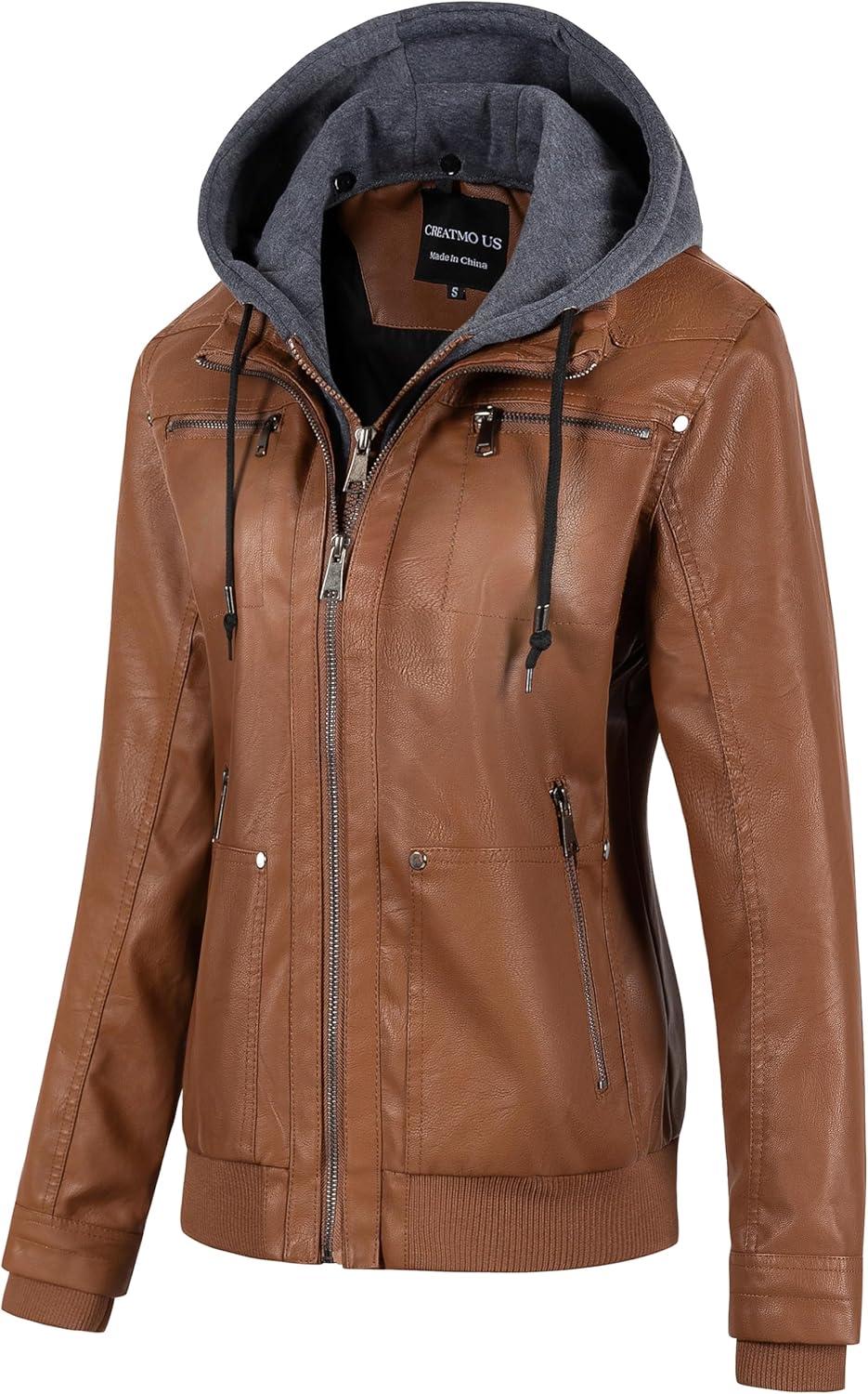 imageCREATMO US Womens Faux Leather Jacket Waterproof Motorcycle Bomber Jacket Vintage PU Moto Biker Coat With Removable HoodBrown
