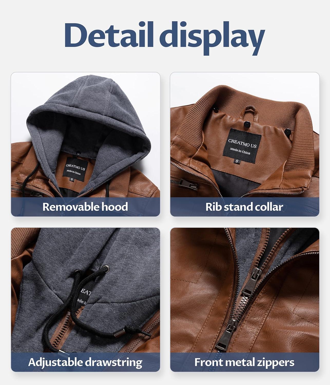 imageCREATMO US Womens Faux Leather Jacket Waterproof Motorcycle Bomber Jacket Vintage PU Moto Biker Coat With Removable HoodBrown