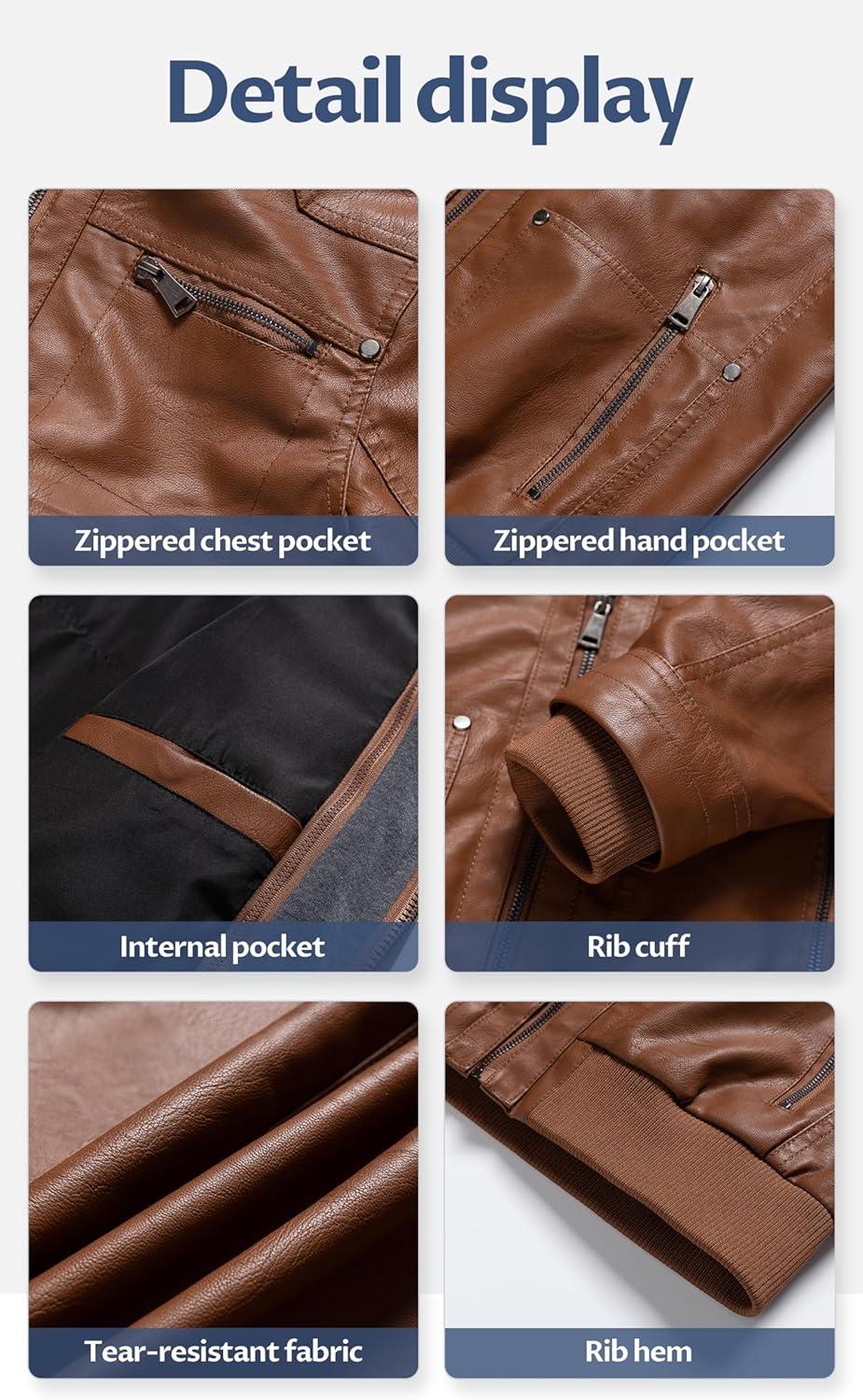 imageCREATMO US Womens Faux Leather Jacket Waterproof Motorcycle Bomber Jacket Vintage PU Moto Biker Coat With Removable HoodBrown