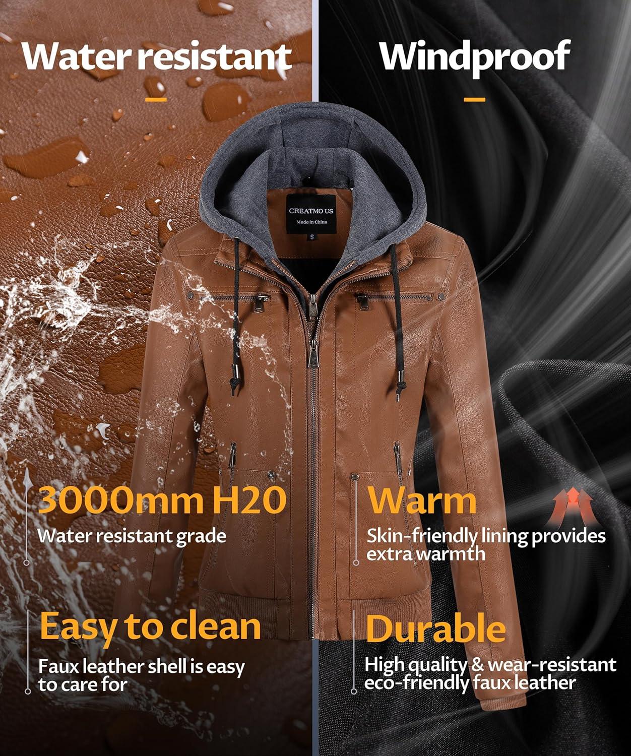 imageCREATMO US Womens Faux Leather Jacket Waterproof Motorcycle Bomber Jacket Vintage PU Moto Biker Coat With Removable HoodBrown